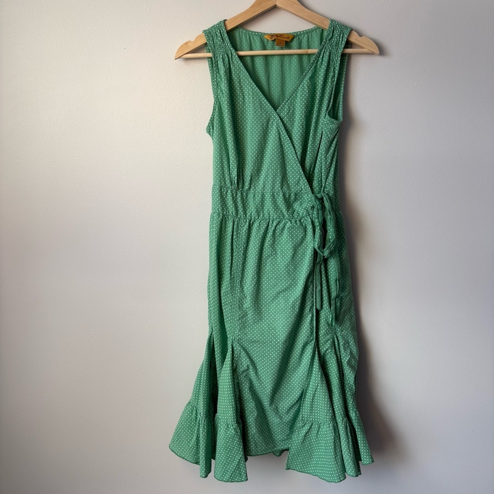 April Cornell Green/White Polka Dot Sleeveless Wrap Dress with Ruffle Hem-Small